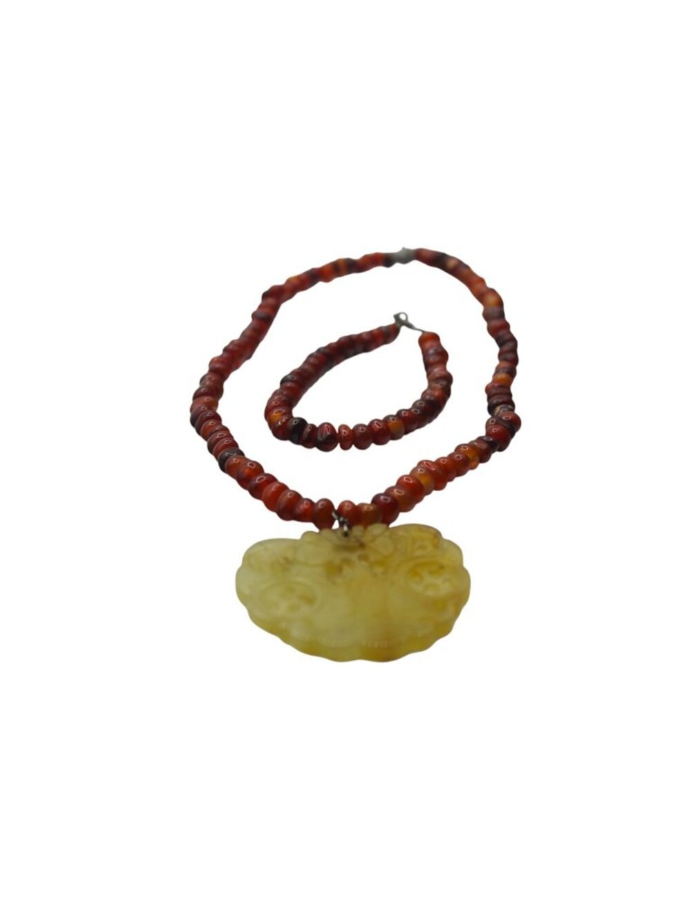 Vintage Carved Jade Carnelian Stone Beaded Necklace Bracelet Set 925 Clasp